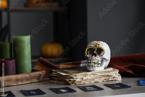 Skull, candles and old book...