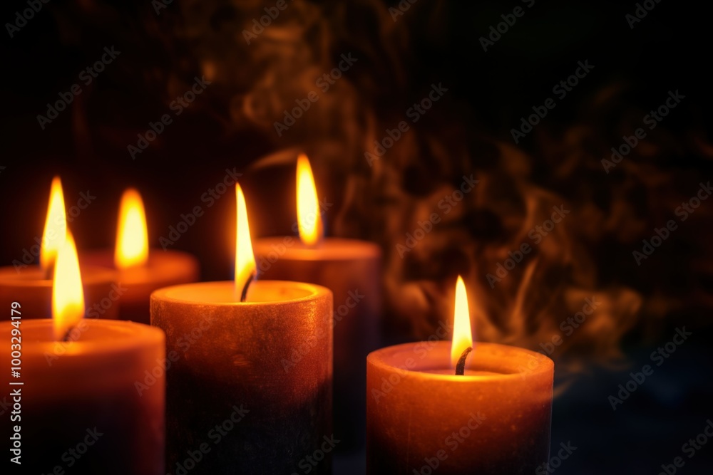 Burning candles on dark background create warm, intimate ambiance. Soft, golden light shines from multiple flames. Calm, peaceful atmosphere perfect for relaxation, meditation, or romantic evening. Burning candles on dark background create warm, intimate ambiance. Soft, golden light shines from multiple flames. Calm, peaceful atmosphere perfect for relaxation, meditation, or romantic evening.