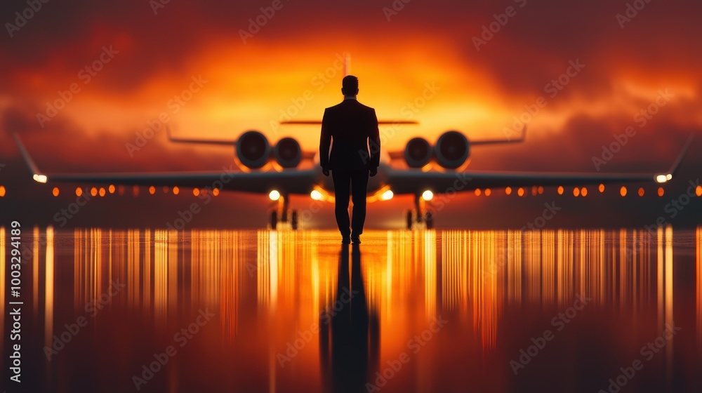 Fototapeta premium An individual strides toward a private jet at sunrise, with the sky ablaze in fiery hues, creating an impression of determination and boldness on their path forward.