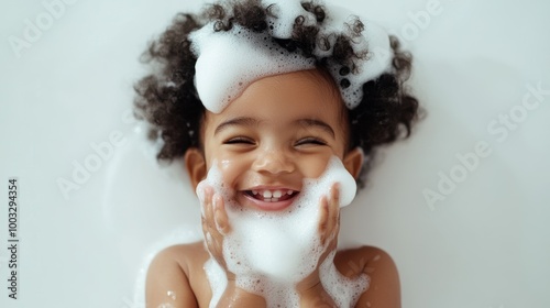 A baby with curly hair enjoys a bubble bath, smiling brightly and capturing a delightful and joyous moment of playfulness.