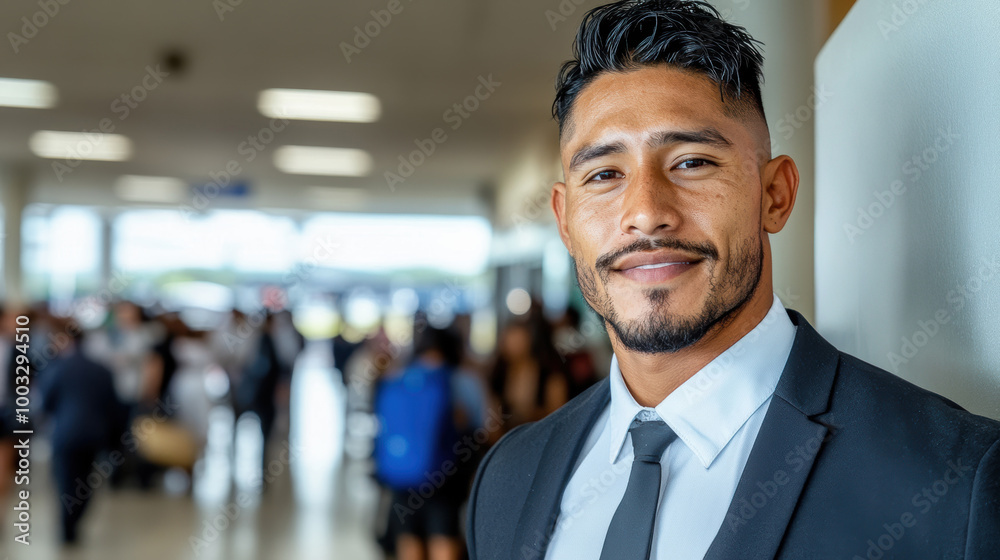 A confident man in a suit smiles warmly while standing indoors, with a blurred background of people in a busy setting, showcasing professionalism and openness. A confident man in a suit smiles warmly while standing indoors, with a blurred background of people in a busy setting, showcasing professionalism and openness.