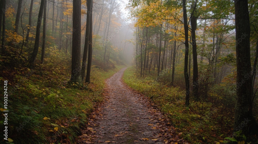 Obraz premium A winding dirt path leads through a foggy forest with yellow leaves on the trees.