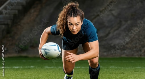 Female rugby player holding the ball