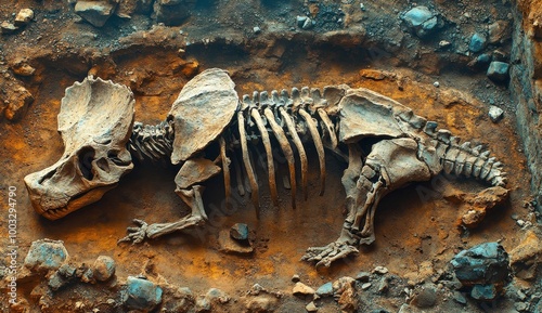 Well-preserved Triceratops skeleton unearthed at archaeological site showcasing intricate bone details and earthy tones