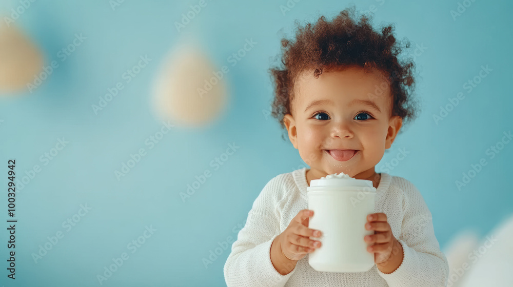 A happy toddler in a white outfit holds a mug of hot cocoa, with a mischievous smile, and a light blue background. With a copy space for your text. A happy toddler in a white outfit holds a mug of hot cocoa, with a mischievous smile, and a light blue background. With a copy space for your text.