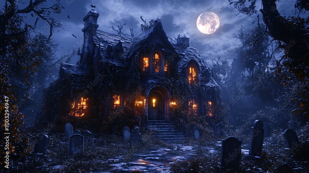 Halloween haunted house with spooky graveyard Halloween haunted house with spooky graveyard