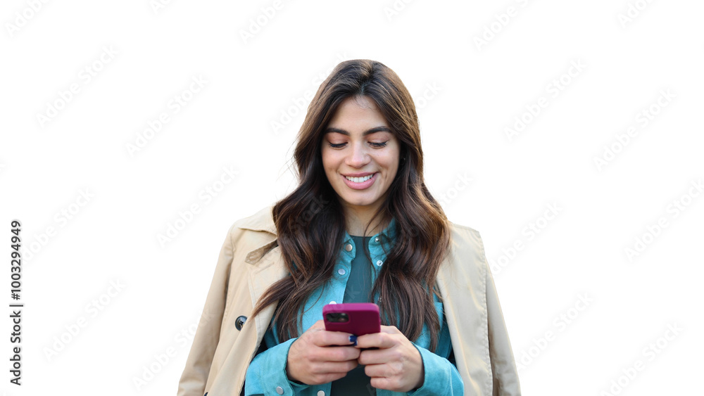 Happy young woman texting on smartphone transparent background Happy young woman texting on smartphone transparent background