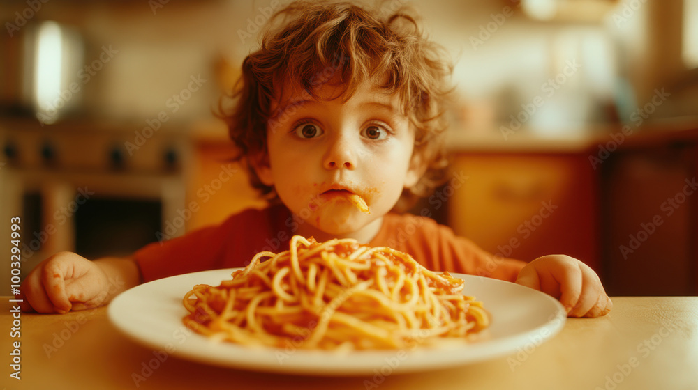 A curly-haired child looks surprised while sitting in front of a huge plate of tangled spaghetti, a strand poking out of their mouth. A curly-haired child looks surprised while sitting in front of a huge plate of tangled spaghetti, a strand poking out of their mouth.