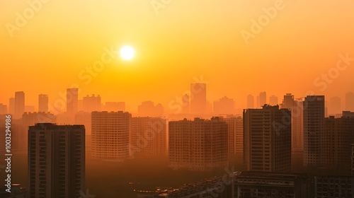 a city skyline during sunset or sunrise. The sun is visible in the sky, casting a warm, orange glow over the scene. The buildings are silhouetted against the bright sky, with their details mostly 