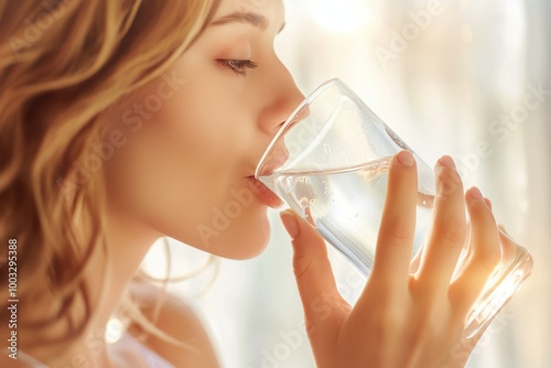 Attractive young woman drinks water from a cup on a light background. She is happy, healthy, and beautiful, enjoying a refreshing drink on a summer day.