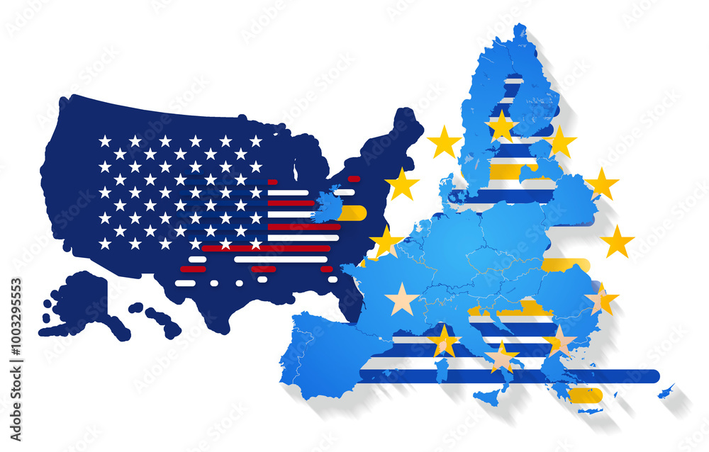 Obraz premium creative abstract map of USA United States of America and Europe, the European Union, rounded lines striped 