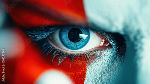 Fototapeta An extreme close-up of a blue eye, adorned with vibrant red and white carnival makeup, captures an intense and mesmerizing gaze.