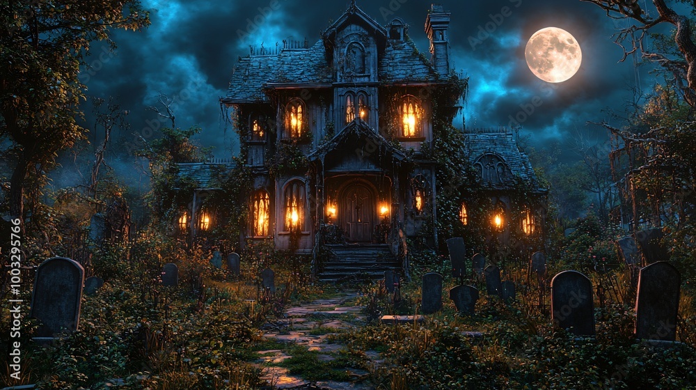 Cartoon Halloween haunted house at night Cartoon Halloween haunted house at night