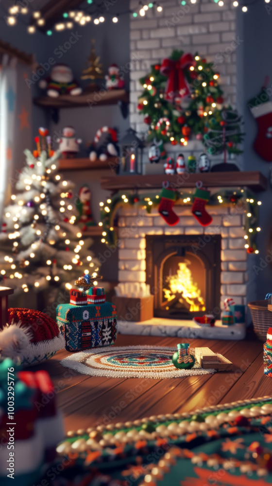 Cozy Christmas Interior with Fireplace and Decorations Cozy Christmas Interior with Fireplace and Decorations