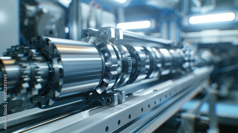 Close-up of a metallic industrial machine component with gears and a metal shaft. Close-up of a metallic industrial machine component with gears and a metal shaft.