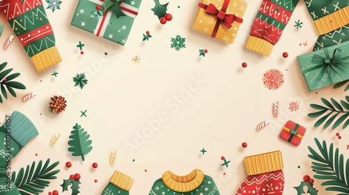 Christmas Border with Gift Boxes and Sweaters