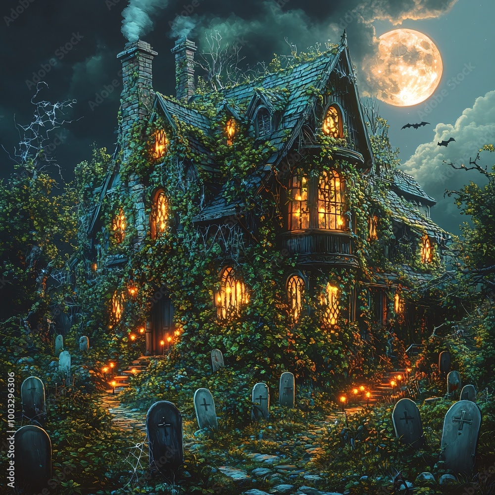 Naklejka premium Cartoon Halloween haunted house at night