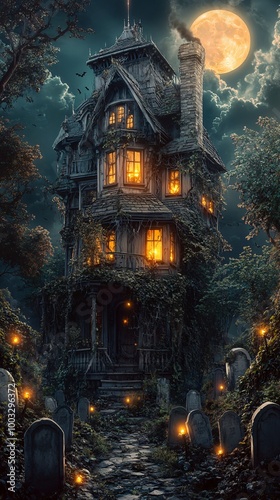Cartoon Halloween haunted house with spooky graveyard.