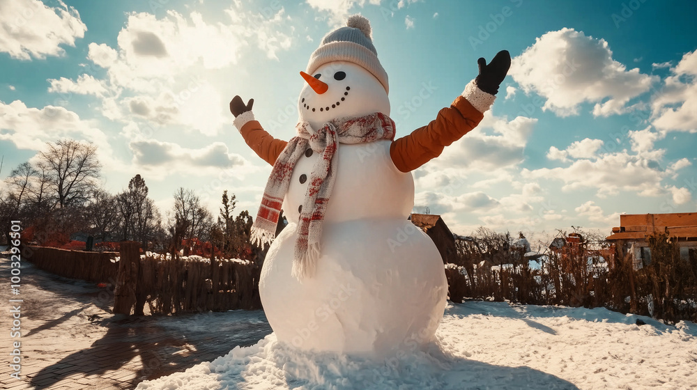 a fun snowman dressed in stylish winter attire, including a scarf and hat