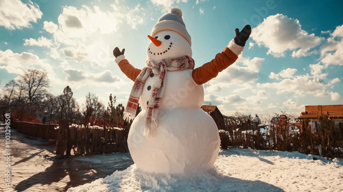 a fun snowman dressed in stylish winter attire, including a scarf and hat