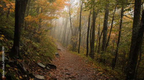 A winding path through a misty forest with colorful autumn leaves.