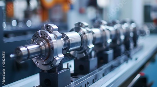 Close-up of a metal crankshaft on a manufacturing line