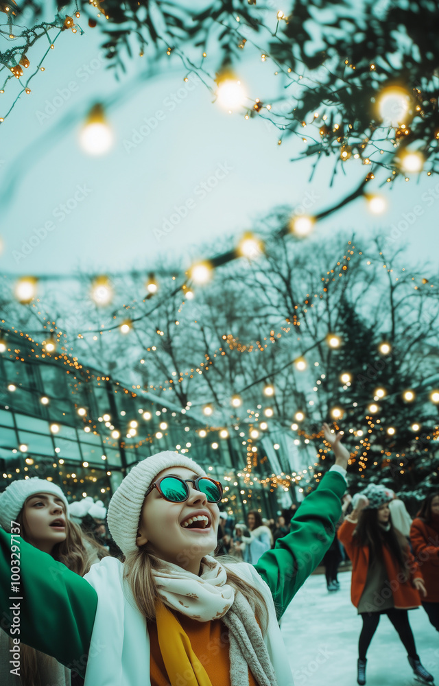 young girl in a green winter outfit with her arms open at an outdoor Christmas party, highlighting her free and happy lifestyle