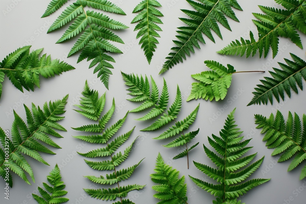 Close-up of fresh green fern leaves isolated on grey background. Fern fronds fill frame with rich foliage. Studio shot provides clean, minimalist setting for plant. Top view highlights leaf structure. Close-up of fresh green fern leaves isolated on grey background. Fern fronds fill frame with rich foliage. Studio shot provides clean, minimalist setting for plant. Top view highlights leaf structure.