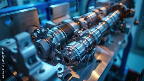 Close-up of a metallic engine part with gears and a camshaft