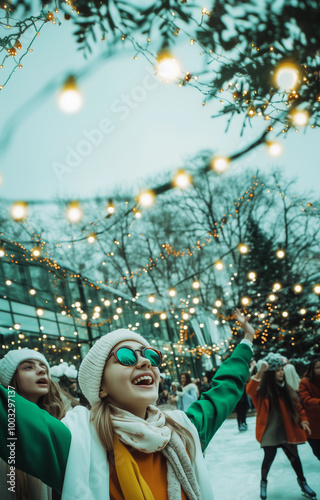 Obraz na płótnie young girl in a green winter outfit with her arms open at an outdoor Christmas party, highlighting her free and happy lifestyle w salonie