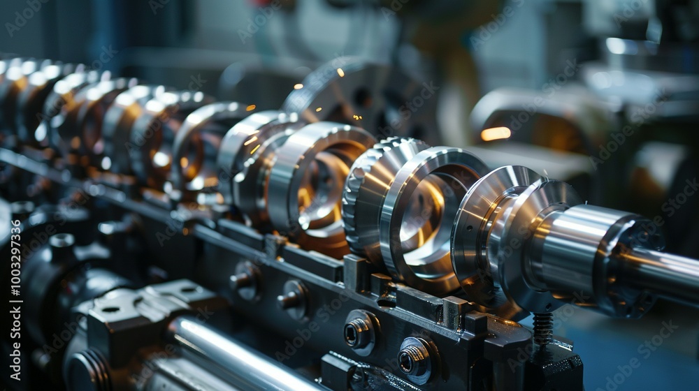 Fototapeta premium Close-up of a Shiny, Chrome-Plated Metal Gear Assembly with Sparks Flying