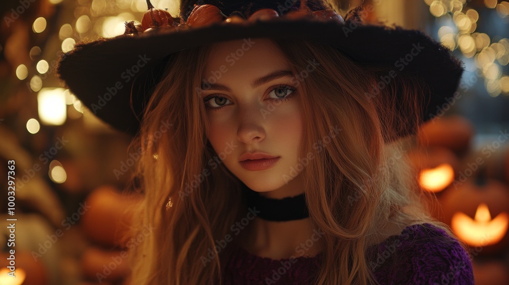 Enchanting Witch in Autumn Setting with Pumpkins and Magical Atmosphere Enchanting Witch in Autumn Setting with Pumpkins and Magical Atmosphere