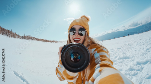 Obraz na płótnie woman photographer taking a fun selfie in the snow during her outdoor travel adventure w salonie
