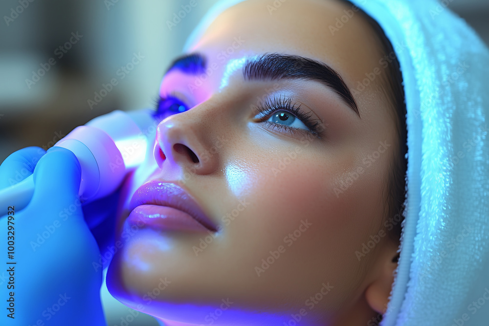 Woman receiving a skincare treatment with an electric device at a spa. A woman undergoes a rejuvenating skincare procedure using a glowing electric facial device. Woman receiving a skincare treatment with an electric device at a spa. A woman undergoes a rejuvenating skincare procedure using a glowing electric facial device.