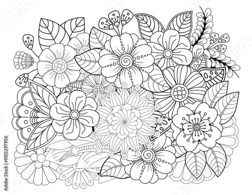 Mehndi flower for henna, mehndi, tattoo, decoration. decorative ornament in ethnic oriental style. Doodle flowers. Flower pattern. Vector doodle flowers in black and white. Page adult coloring book