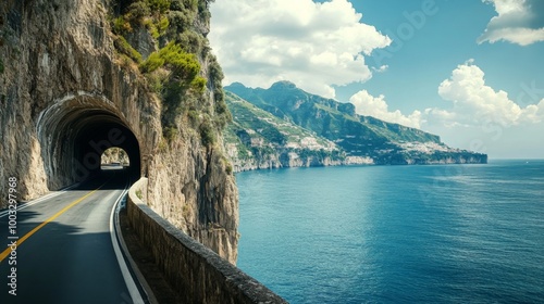 A winding road leading through a tunnel carved into a cliff face, with the sea and coastline in the distance. photo