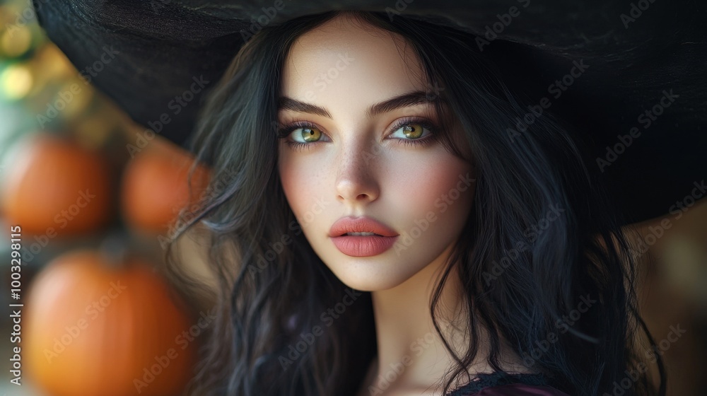 Enchanting Witch in Autumn Setting with Pumpkins and Magical Atmosphere Enchanting Witch in Autumn Setting with Pumpkins and Magical Atmosphere