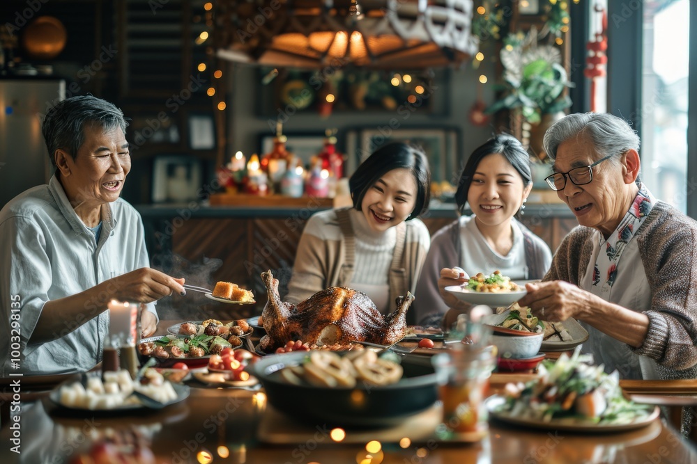 A family is gathered around a table with a large plate of food in the center, generative ai image A family is gathered around a table with a large plate of food in the center, generative ai image