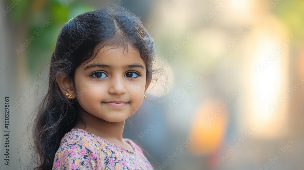 Young girl with long dark hair and golden earrings, smiling softly Young girl with long dark hair and golden earrings, smiling softly