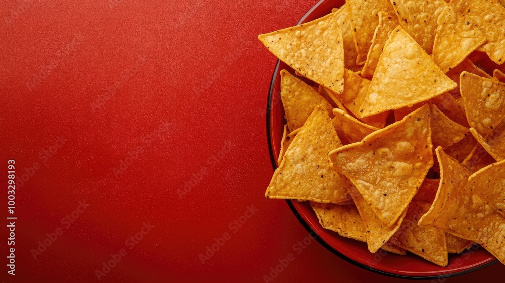 Bowl of triangular, seasoned corn chips on red background Bowl of triangular, seasoned corn chips on red background