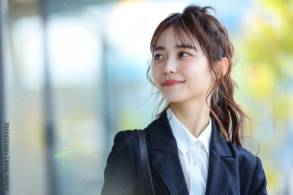 新卒女性の爽やかネイビースーツ