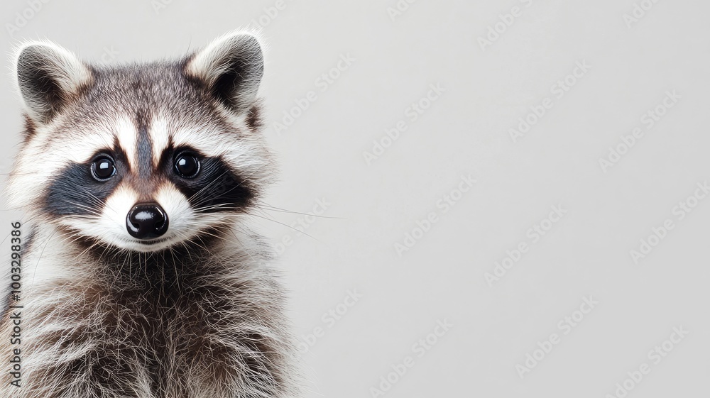 Curious raccoon with black and white fur stares forward Curious raccoon with black and white fur stares forward