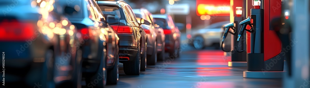 Obraz premium A vibrant urban scene featuring cars lined up at a gas station, illuminated by colorful lights at dusk.