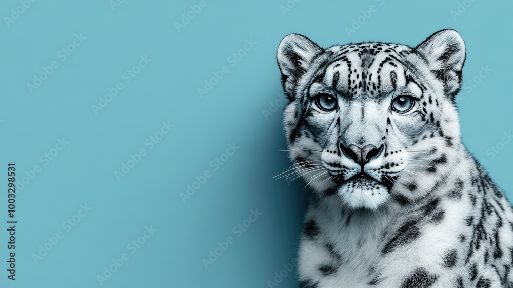 Fototapeta premium Snow leopard portrait against blue background, gazing intensely