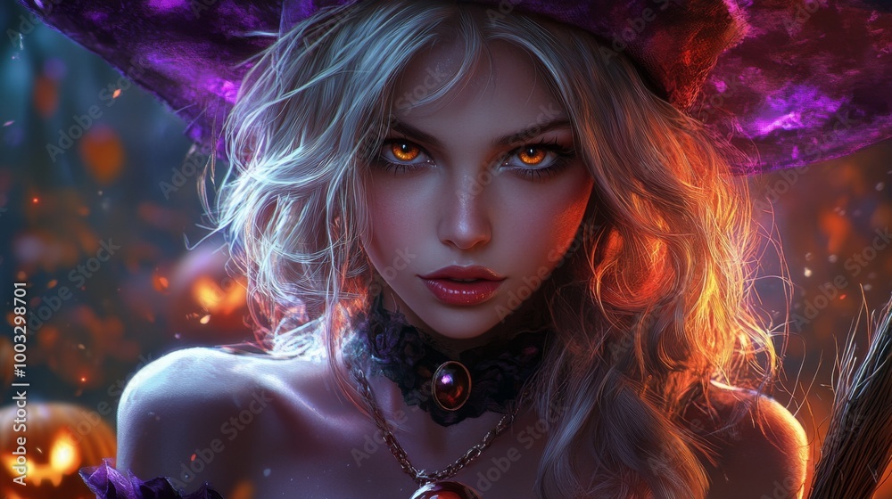 Enchanting Witch in Autumn Setting with Pumpkins and Magical Atmosphere Enchanting Witch in Autumn Setting with Pumpkins and Magical Atmosphere
