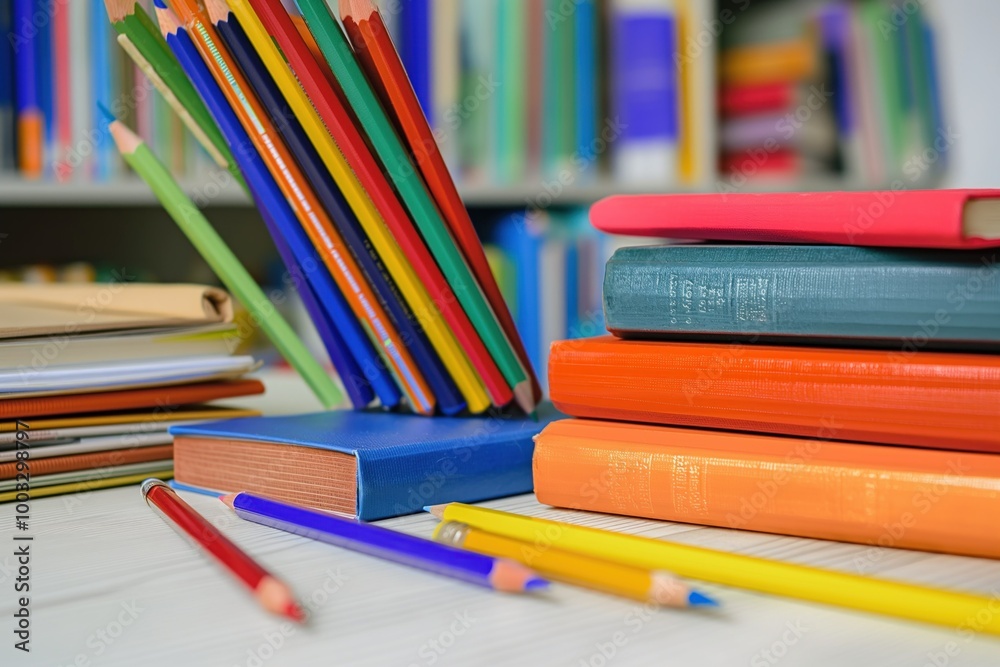 Stack of colourful books and pencils on wooden table in a room. Blue and green books with vibrant covers. Piles of paper and a dictionary on the table. Stack of colourful books and pencils on wooden table in a room. Blue and green books with vibrant covers. Piles of paper and a dictionary on the table.