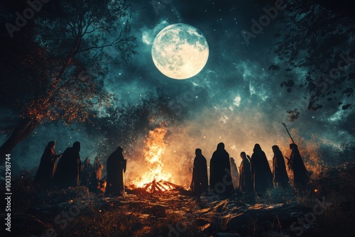 Witches sabbath in moonlit, with copy space photo