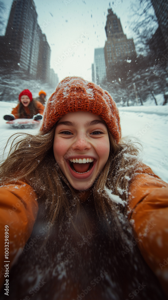 fun young girl playing in the snow on a sled during winter outdoor adventures