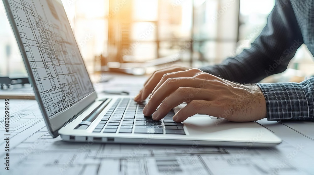 Structural Engineer Engineer's hands working on a laptop with CAD drawings visible, Structural Engineer, digital design and drafting Structural Engineer Engineer's hands working on a laptop with CAD drawings visible, Structural Engineer, digital design and drafting