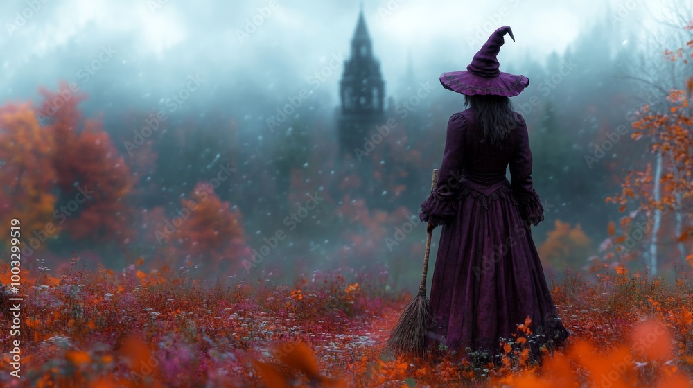 Fototapeta premium Enchanting Witch in Autumn Setting with Pumpkins and Magical Atmosphere